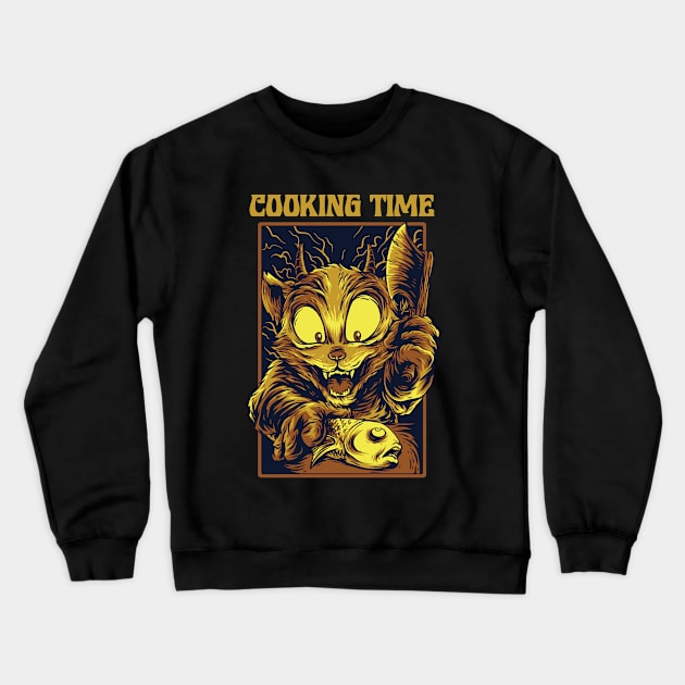 Cooking Time Cat Fish Illustration Crewneck Sweatshirt by Mako Design 